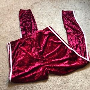 Maroon velvet leggings with white race stripes